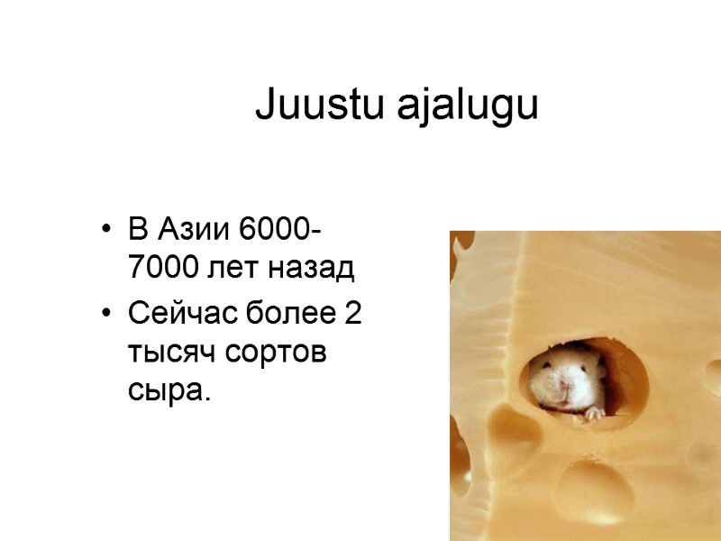 Juustu ajalugu В Азии 6000-7000 лет назад Сейчас более 2 тысяч сортов сыра. Juustu ajalugu В Азии 6000-7000 лет назад Сейчас более 2 тысяч сортов сыра.